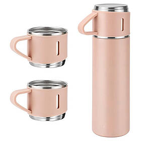 Термос із чашками рожевий 500 мл із вакуумною ізоляцією Набір подарунковий бокс для напоїв з термосом та 3 кружки