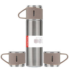 Термос із чашками бежевий 500 мл із вакуумною ізоляцією Набір подарунковий бокс для напоїв з термосом та 3 кружки