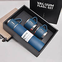 Набор термос и 3 чашки синие с вакуумной изоляцией 500 мл подарочный бокс для напитков с термосом и кружками