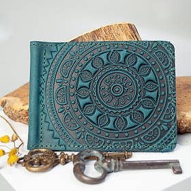 Прижим для грошей шкіряний темно-біоюзовий з тисненням Етно