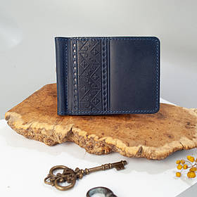 Прижим для грошей шкіряний синій з тисненням Український орнамент