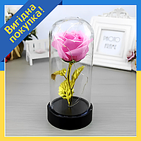 Маленькая роза в колбе с LED подсветкой №A54 | Вечная роза под стеклянным колпаком - Розовая