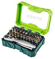 Verto Біти, набір 32шт, 1/4", бітотримач, ключ з тріскачкою, SL,PH,PZ,H,TT,TX, 25мм, CrV, кейс