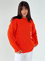 Свитер женский вязаный из турецкой пряжи с воротником стойкой с красивыми узорами шерстяной Оранжевый 44-52