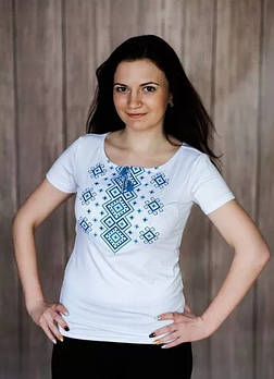 Жіноча футболка-вишиванка короткий рукав біла із синім/розмір S, XXL