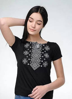 Жіноча футболка-вишиванка короткий рукав чорна із сірим/розміром S