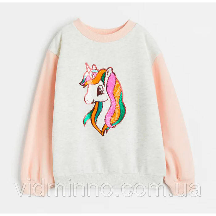 Утеплений джемпер світшот (на флісі) H&M дівчинки р.134-140, 8-10 років, Єдиноріг, паєтки, фото 1