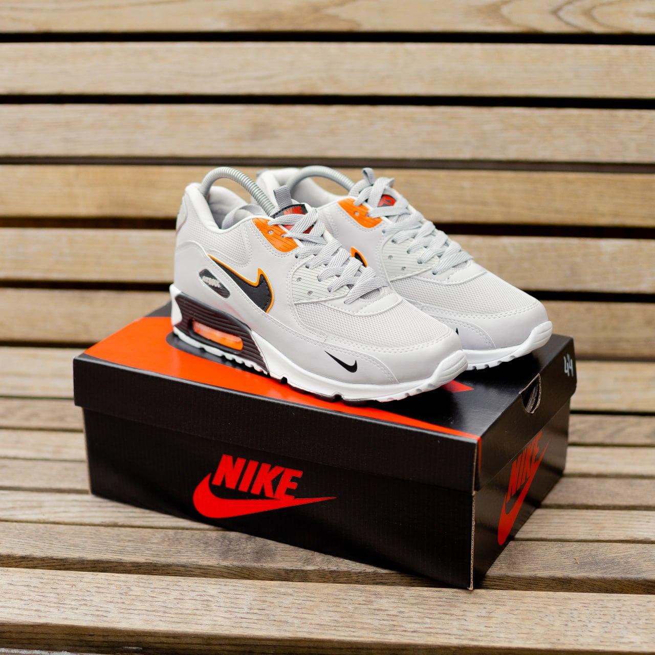 Чоловічі кросівки Nike Air Max 90 (сірі з чорним і жовтогарячим) спортивні демісезонні кроси Fox1195 топ, фото 1
