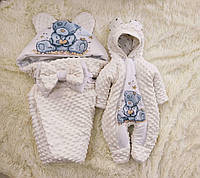 Зимовий комплект одягу для новонароджених, принт Ведмедик, молочний