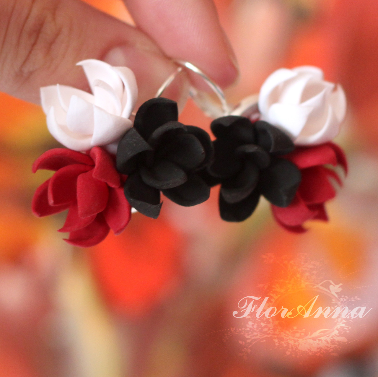 Червоно-чорні сережки ручної роботи з квітами  "Готика". Прикраси з полімерної глини