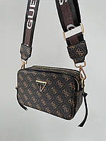 Женская сумка клатч Guess LOGO Black-brown (коричневая) S24 стильная маленькая на длинном текстильном ремне