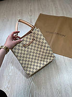 Женская сумка Louis Vuitton white (бежевая) А042 классная модная удобная на кожаной стяжке в клеточку Италия