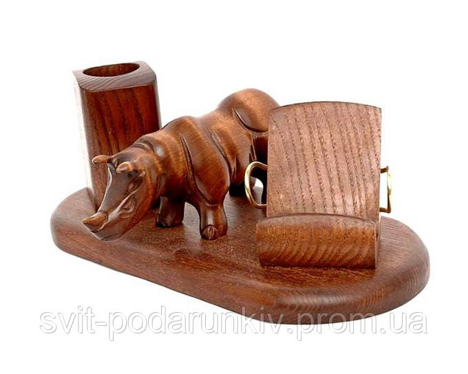 Оригінальний настільний набір з дерева зі статуеткою носоріг на подарунок