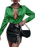 Large A Green Жіноча атласна однотонна офісна блуза Floerns, верхня сорочка з довгим рукавом і ґудзиками