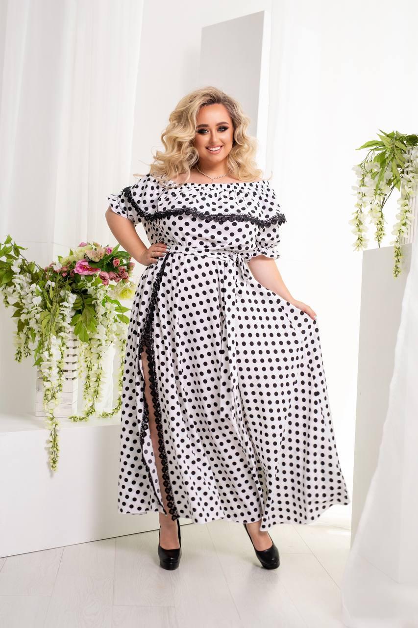 Жіноча біла шикарна довга сукня в горох з мереживом великі розміри, фото 1