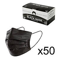 Маски медичні чорні тришарові одноразові штамповані сертифіковані, заводські маски захисні чорні для обличчя