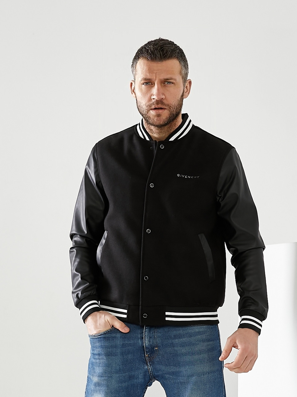 Чоловіча чорна куртка Givenchy чоловічий бомбер чорний зі шкіряними рукавами