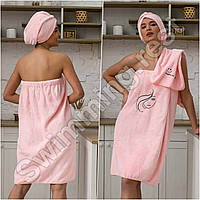 Набір жіночий 3в1 Рушник - халат, чалма, полотенце мікрофібра для сауни лазні 140*80 см  Мадам Рожевий