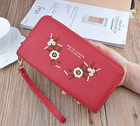 Модный женский кошелек клатч с вышивкой цветами на молнии Красный