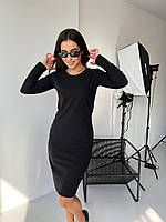 Классическое приталенное женское платье черное с длинным рукавом трикотажное платье женское 40-42 44-46 размер