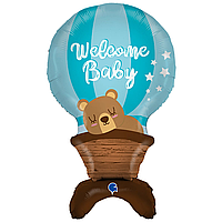 Стоячая фигура фольгированная Grabo 38" (97 см) Воздушный шар голубой с мишкой "Welcome Baby"