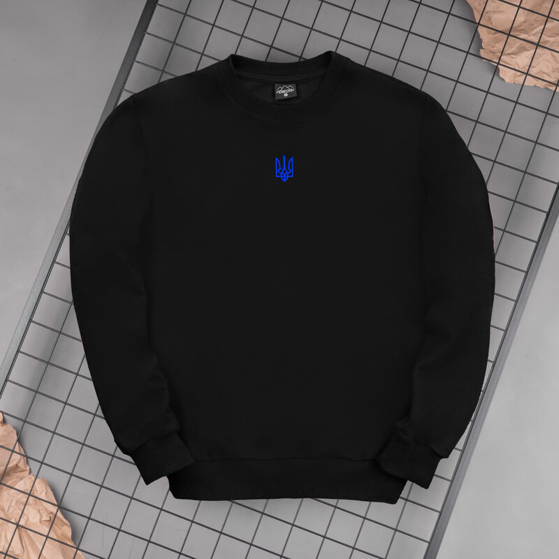 Світшот Pobedov чорний із синім гербом України (вишивка), фото 1