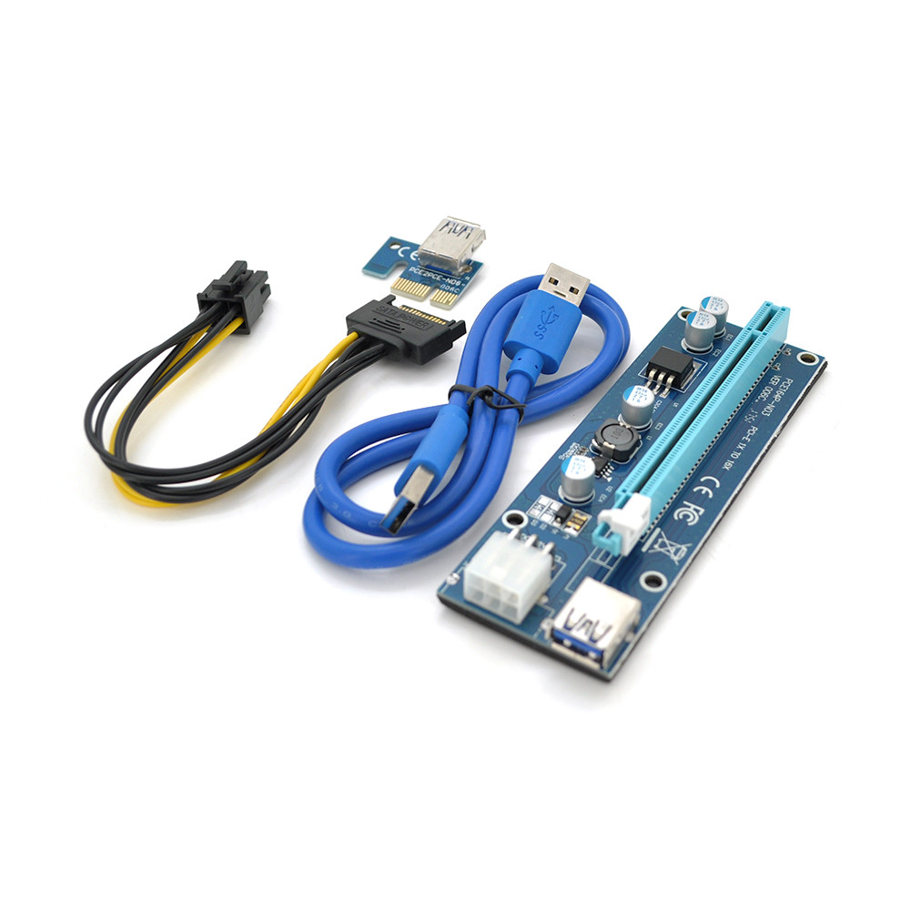 Riser PCI-EX, x1= x16, 6-pin, SATA= 6Pin, USB 3.0 AM-AM 0,6 м (синій), конденсатори FP5K, Пакет