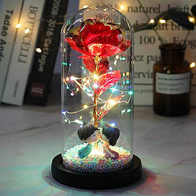 Троянда в колбі з LED підсвічуванням і фігурками червона, Троянда, що світиться, Троянда під куполом