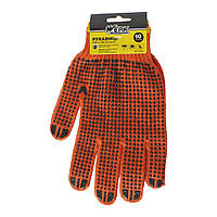 Рукавички трикотажні ХБ, помаранч. колір, чорна ПВХ крапка на 1й стороні, оверлок на манжеті жовтого