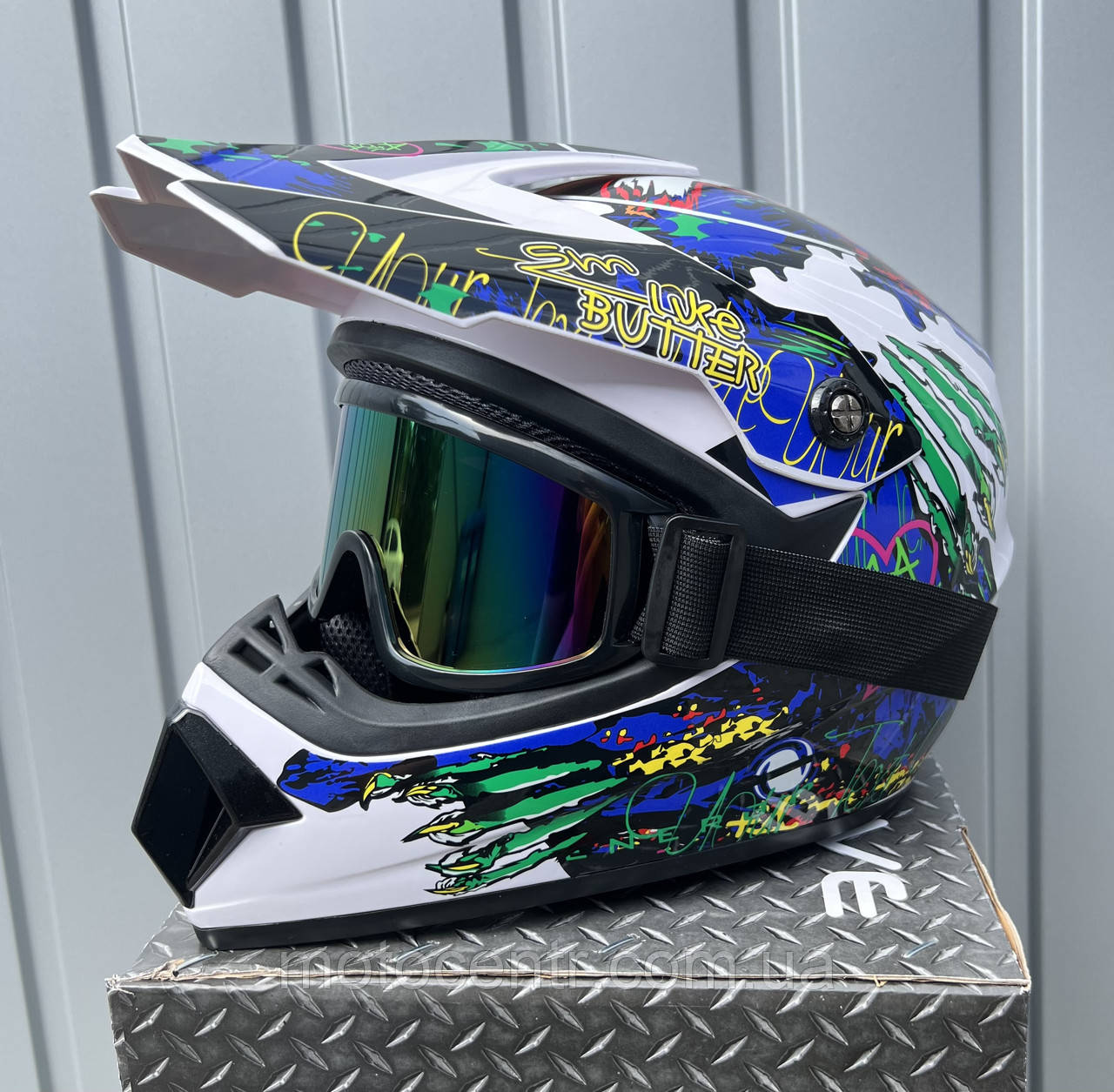 Мотошолом підлітковий кросс-ендуро white/blue/green + Окуляри в ПОДАРУНОК