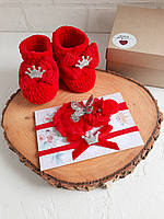 Подарунок для новонародженної дівчинки на виписку, на хрестини, на родини, пінетки, повязки на голову червоні