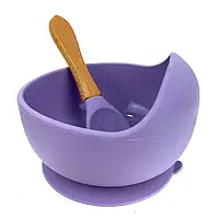 Тарелка глубокая силиконовая детская на присоске с ложечкой (фиолетовая)