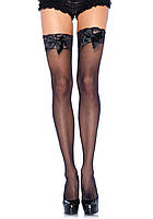 Високі чорні панчохи з мереживом і бантиком Sheer Thigh Highs Lace Top від Leg Avenue | Limon