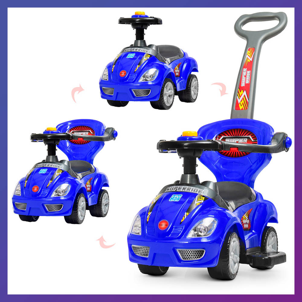 Дитяча каталка-толокар Bambi M 4205 з батьківською ручкою 2 в 1 синій, фото 1