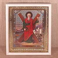 Ікона Андрій Першозваний святий апостол, лик 15х18 см, у білому прямому дерев'яному кіоті