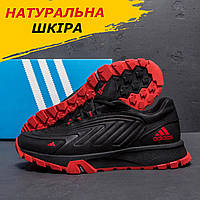 Осенние весенние мужские кожаные кроссовки Adidas черные спортивные из натуральной кожи *А-04ч/кр*