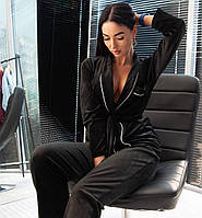 Женская пижама велюровая комплектом рубашка и штаны черная. Фото в живую
