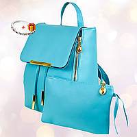 Женский рюкзак городской Ангелина с косметичкой в комплекте 2в1 голубого цвета