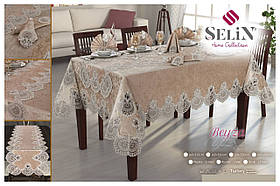 Велюрова скатертина з ранером Selin Beyza Set 160×300 см.+12 серветок