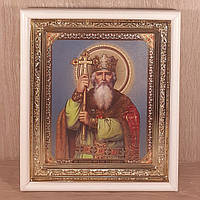 Икона Владимир святой равноапостольный князь, лик 15х18 см, в белом прямом деревянном киоте