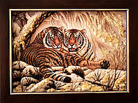 Картина из янтаря «Пара тигров » , бурштинова картина Пара тигрів 30x40 см