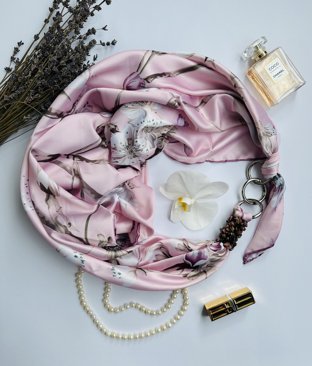 Дизайнерська хустка "Рожева магнолія, My Scarf, шийна хустка, шаль, подарунок жінці
