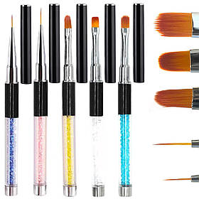 Набір пензлів зі штучним ворсом різної форми для розпису нігтів, з ковпачком, 5 шт/уп.