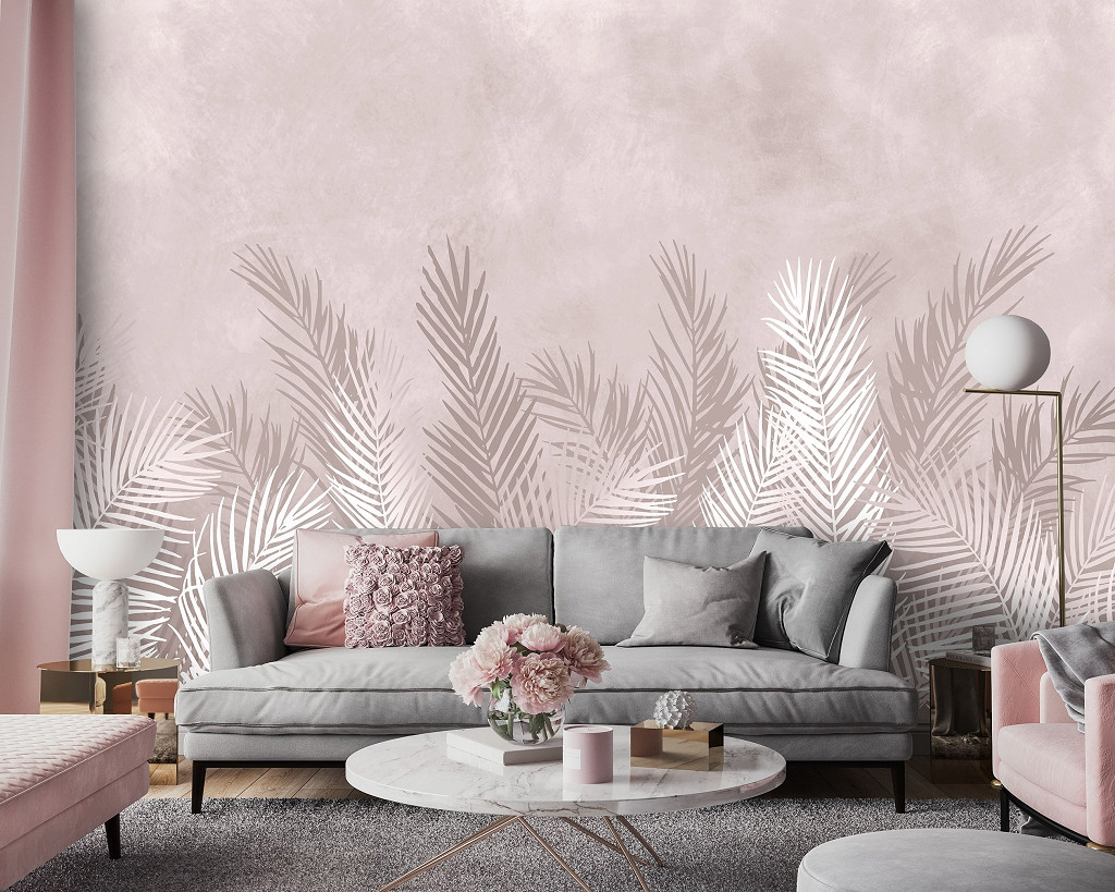 Фото шпалери з пір'ям 368x254 см Пальмове листя на рожево-бежевому фоні 14017P8 Найкраща якість, фото 1
