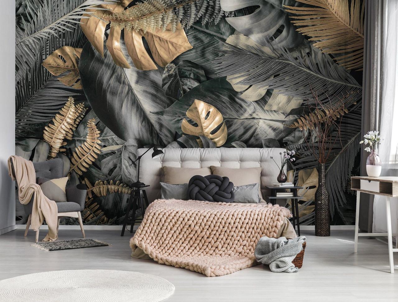 Фото шпалери 3D листя 254 x 184 см Сірі та золоті квіти монстери (13804P4) Найкраща якість, фото 1