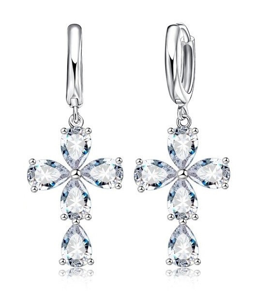 Сережки-підвіски Liresmina Jewelry Хрестики з великими білими розкішними фіанітами ААА 3.0 см сріблясті