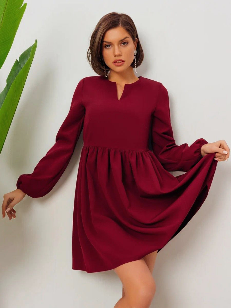 Молодіжне повсякденне плаття вільного крою з довгим рукавом, бордове, фото 1