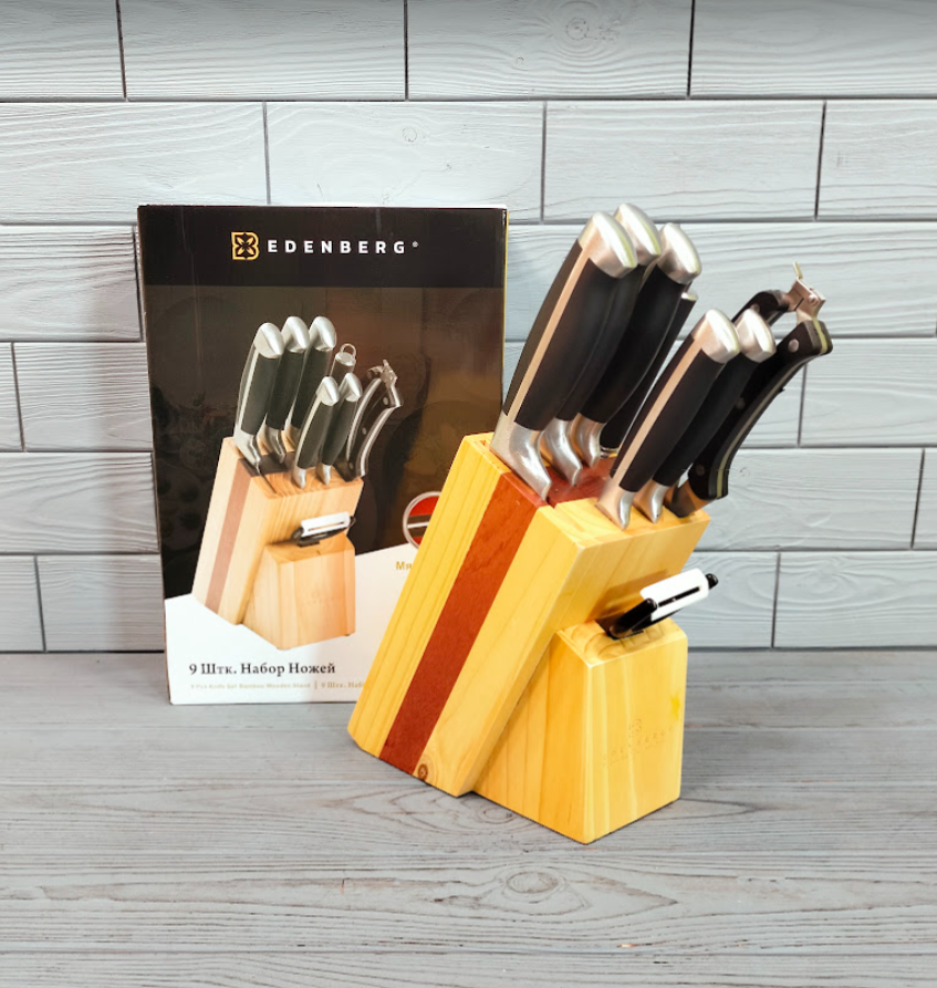 Набір ножів Edenberg EB-3612 на дерев'яній підставці 9 предметів з ножицями та овочечисткою, фото 1