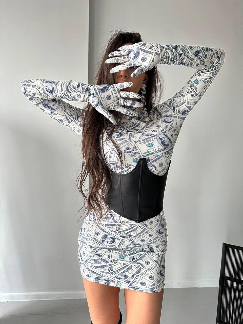 Стильний жіночий комплект міні сукня принт долар рукава перчатки та корсет Sms7966