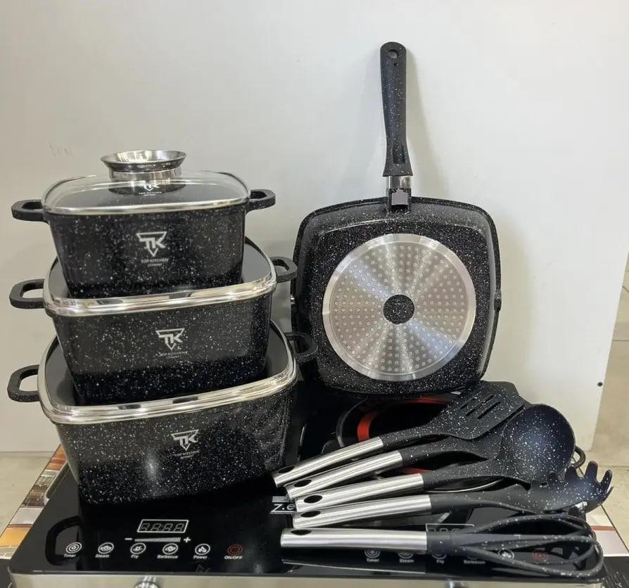 Набір каструль і сковороду гриль з антипригарним покриттям 12 предметів набір квадратних каструль чорний